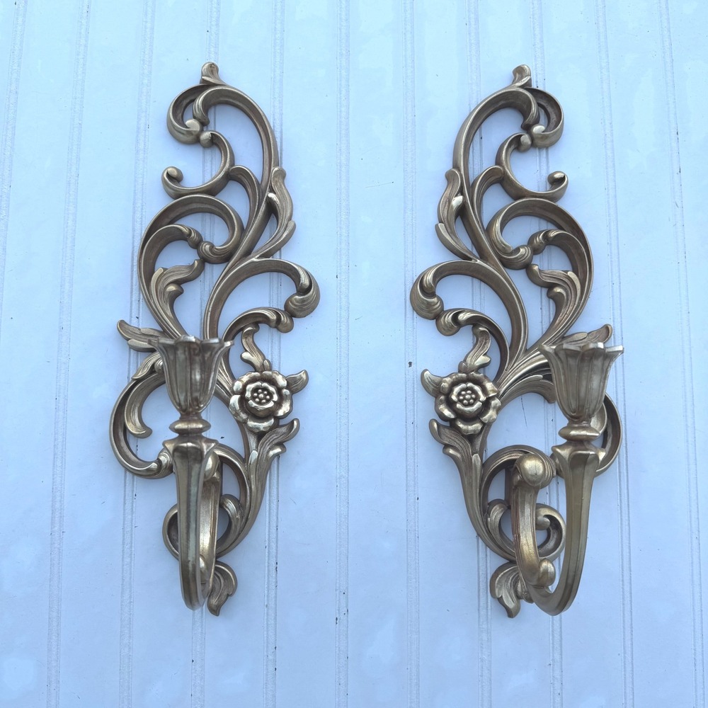 Vintage Syroco Gold Floral Wall Sconce Pair 4531R Hollywood Regency Decor USA